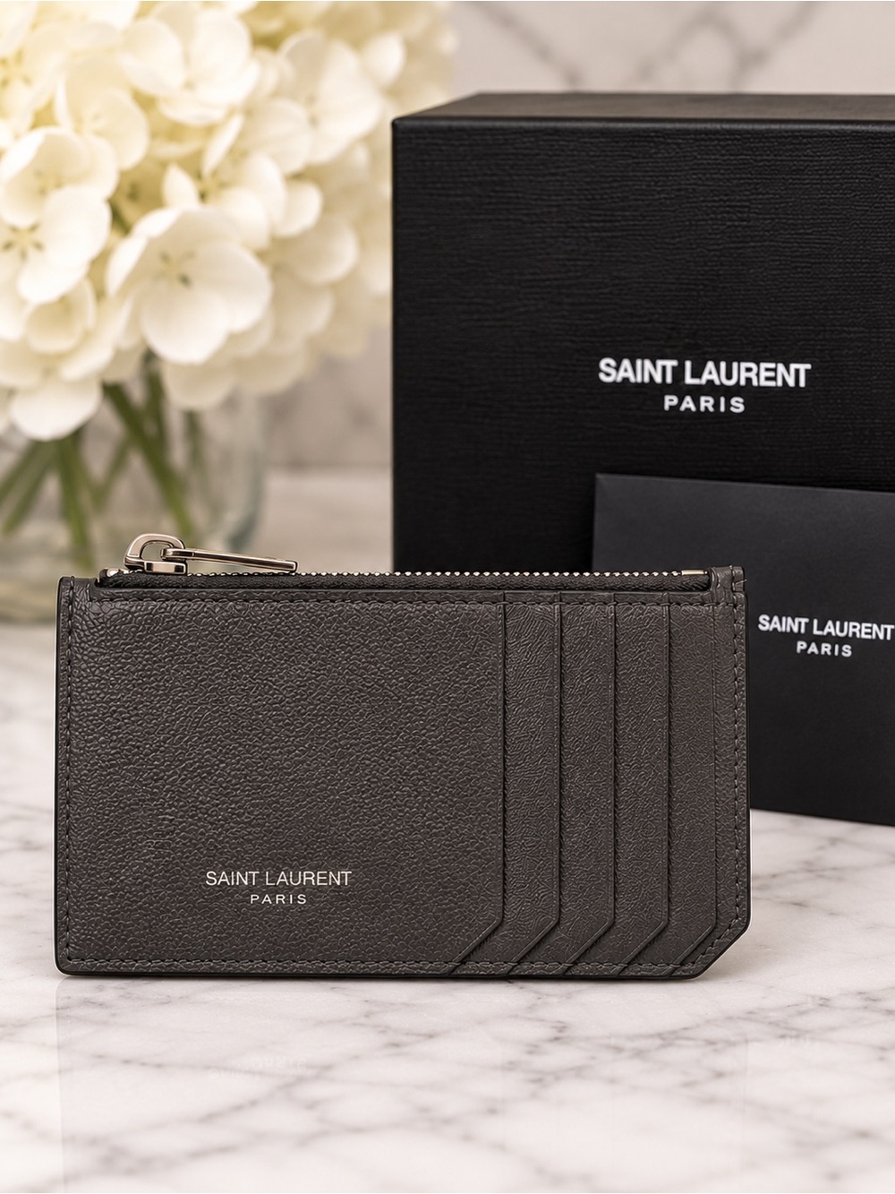 Saint Laurent YSL Zip Card Holder – Anthracite Gray Leather